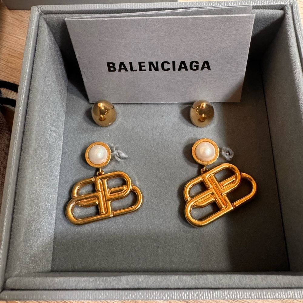 Balenciaga Gold Logo Drop Earrings with Pearl Accents - Picture 2 of 4